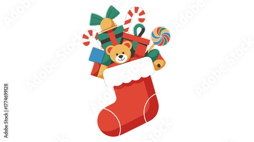 A vibrant illustration of a holiday stocking brimming with festive gifts and treats.