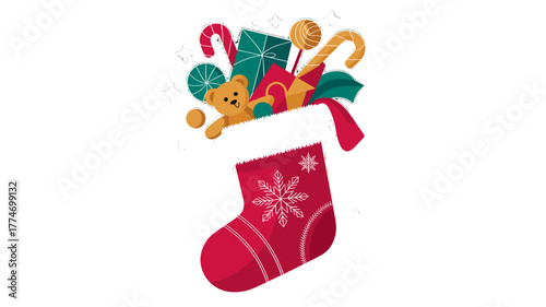 A festive illustration of a Christmas stocking overflowing with presents.