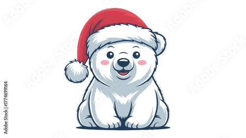 A cheerful polar bear cub wearing a santa hat illustration.