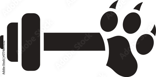 vector paw print dumbbell logo, animal fitness gym icon, pet training workout symbol illustration