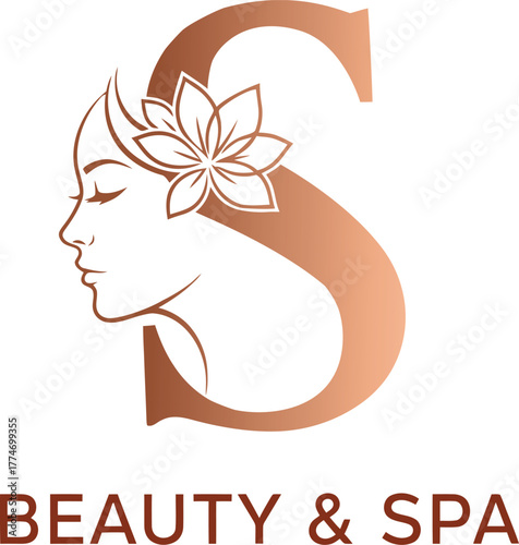 vector letter s beauty spa logo, elegant woman face with flower, luxury skin care salon branding