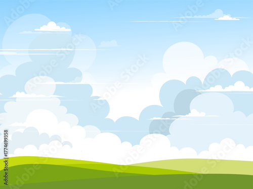 Spring field landscape with sky blue and clouds for Easter background,Vector cartoon Nature Summer sky,rural rolling hill,mountains for website banner, nature animation themes backgrounds for games