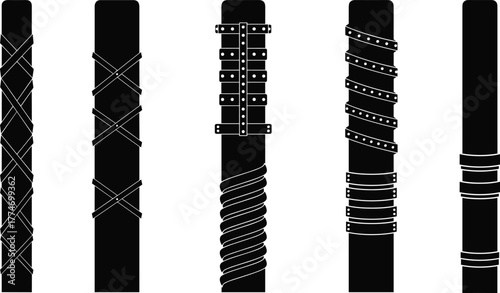 Set of black and white utility pole reinforcement designs, vector illustration of electric pole support brackets, industrial electricity infrastructure artwork