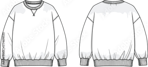 Oversized crewneck sweatshirt front and back technical sketch, rib cuffs and hem details, casual streetwear fashion template, cad drawing flat vector illustration