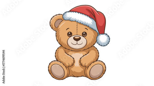 A charming illustration of a teddy bear adorned with a Santa hat.