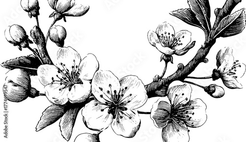 Delicate cherry blossom branch engraving for spring design projects
