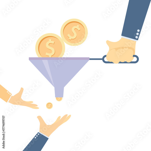 Exploitation system, giant holding funnel to filter gold coins to small businessman

