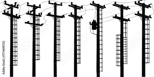 Silhouette of multiple electric utility poles with ladders and wires, industrial power line structure, black and white vector illustration design