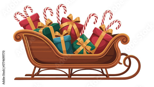 Christmas sleigh overflowing with colorful gift boxes and candy canes.