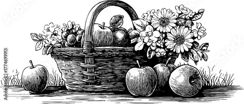 Spring picnic still life with basket of fruits and flowers for retro design