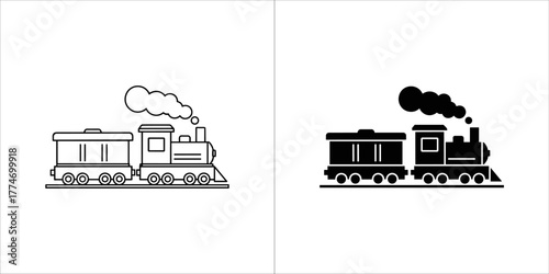 Two train icons, one in black and white