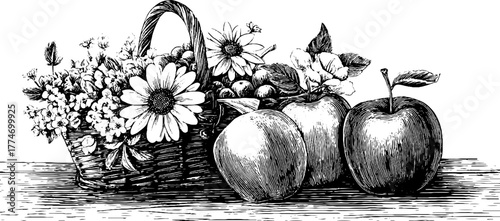 Spring picnic still life basket fruits flowers engraved engraving woodcut etch silhouette label retro vintage sketch hand drawn. Rustic floral composition with elegant seasonal charm.

