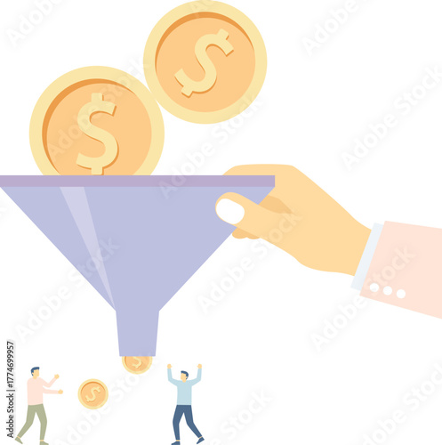 Exploitation system, giant holding funnel to filter gold coins to small businessman

