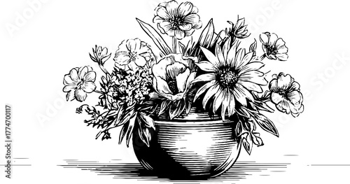 Rustic floral still life engraving with garden flowers in vintage style for home decor