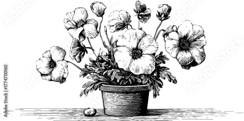 Engraved still life composition of garden flowers in rustic pot for vintage design