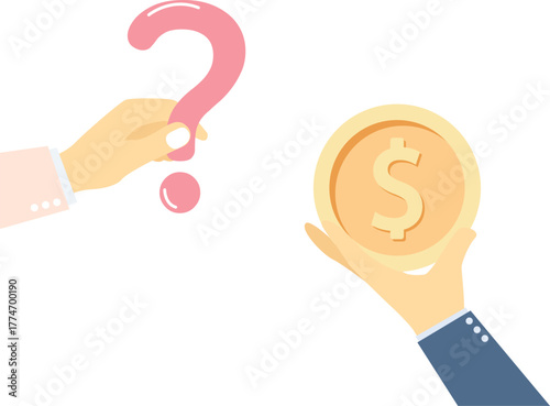 Money or financial problem, money problem, how to make more money, businessman investor holding question mark in one hand and gold coins in the other

