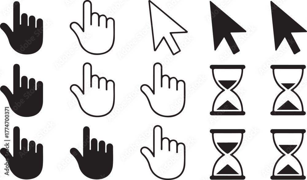 Fototapeta premium Grid of 16 Cursor and Pointer Icons Including Hand, Arrow, and Hourglass Styles in Outline and Solid