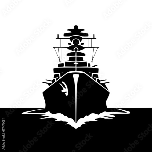Powerful black and white warship silhouette sailing across the ocean with determination