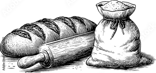 Vintage engraved still life composition with bread loaf and rolling pin for kitchen decor