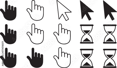 Grid of 16 Cursor and Pointer Icons Including Hand, Arrow, and Hourglass Styles in Outline and Solid