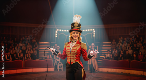 A smiling, beautiful female ringmaster under a spotlight and circus tent. Top hat and epaulettes. Audience and performers in the background.
