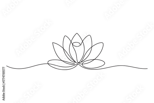 Simple modern continuous one line drawing of lotus flower and leaf in minimalist aesthetic style for spa, yoga and floral logo design
