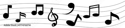 Flowing music vector: various eighth notes and a treble clef on curving staves for melody.