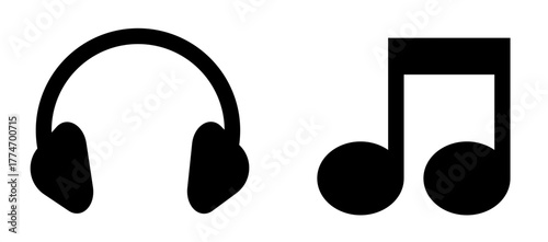 Audio entertainment vector set: icons for over-ear headphones and a musical eighth note.