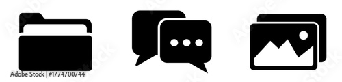 Digital utility vector set: icons for file folder, chat bubbles, and stacked image gallery.
