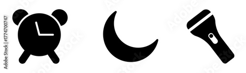 Night mode vector set: icons for alarm clock, crescent moon, and flashlight utility tools.