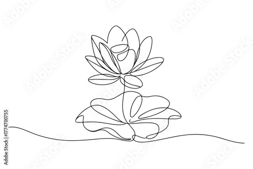Simple modern continuous one line drawing of lotus flower and leaf in minimalist aesthetic style for spa, yoga and floral logo design
