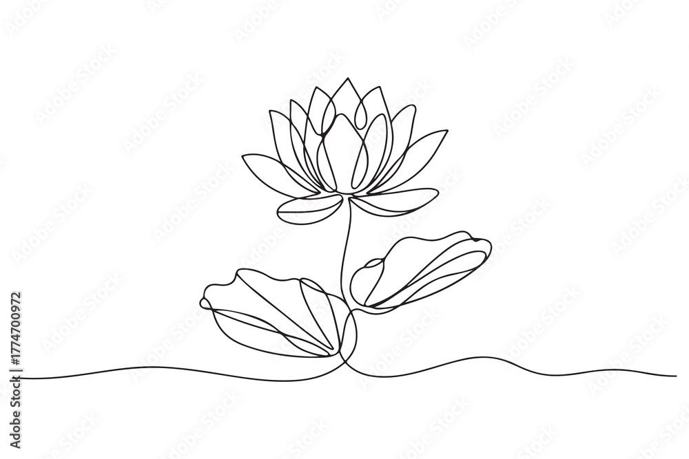 Obraz premium Simple modern continuous one line drawing of lotus flower and leaf in minimalist aesthetic style for spa, yoga and floral logo design 