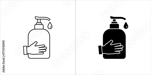 Hand sanitizer icon, hygiene product symbol in line