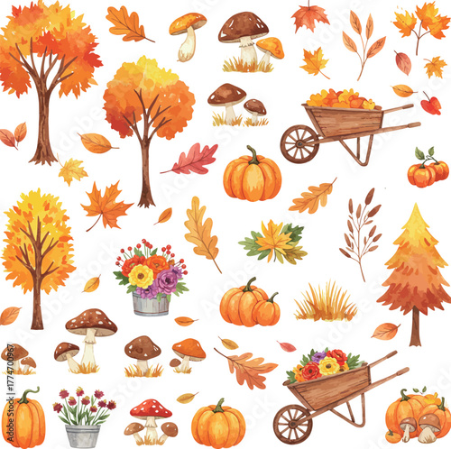 Collection of autumnal elements featuring pumpkins trees leaves and wheelbarrows