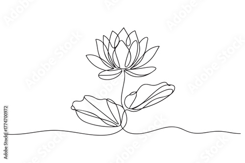 Simple modern continuous one line drawing of lotus flower and leaf in minimalist aesthetic style for spa, yoga and floral logo design
