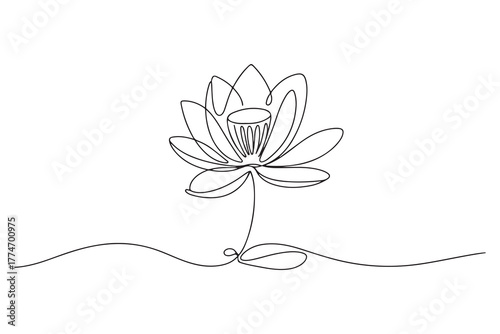 Simple modern continuous one line drawing of lotus flower and leaf in minimalist aesthetic style for spa, yoga and floral logo design
