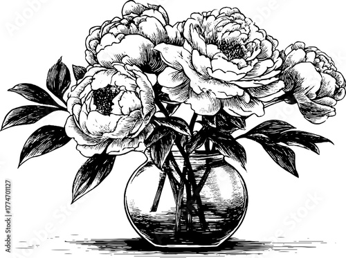 Elegant peony bouquet in crystal vase still life sketch for art print or poster