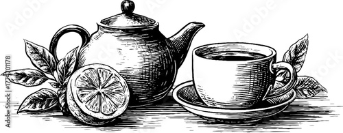 Vintage engraving of teapot and cup with herbal elements for retro design