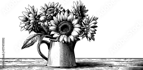 Rustic charm of sunflowers in vintage pitcher engraving for artistic decor
