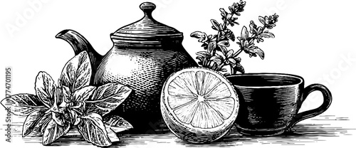 Engraved vintage still life teapot cup herbs kitchen decor sketch hand drawn engraving. Classic botanical tea composition with elegant aromatic foliage and artistic design.
