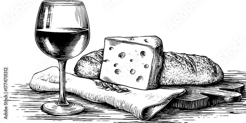 Vintage still life with wine glass, bread, and cheese engraving for culinary art design