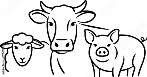 Farm Animal Heads Line Art
