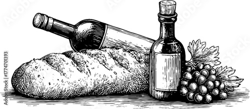 Vintage still life of bread, olive oil, and grapes engraving for retro design and decor