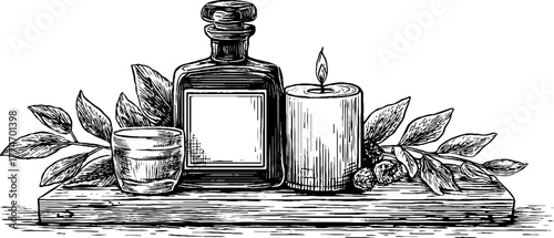 Vintage still life with antique bottle, glass, candle, and laurel leaves for retro decor design