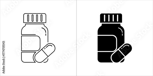 Pill bottle and capsule in black and white