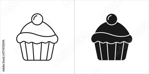 Cupcake with cherry, black and white version