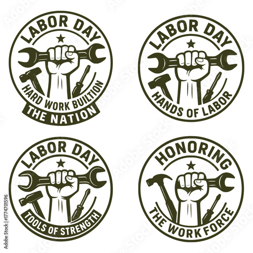 Labor Day Emblems Collection with Industrial Tools and Fists