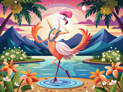 A graceful flamingo wearing a pearl necklace dances elegantly by the lake, reflecting beauty, balance, and charm