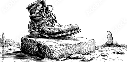 Engraved stone statue foot on square base - archaeological sketch for historical design