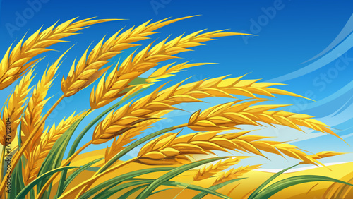 Very beautiful close-up of golden rice ears gently swaying in the wind under a vast blue sky, with ample copy space on the right side for text or design placement.